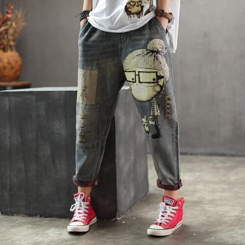 Women Bleached Cartoon Print Jeans Denim Pants Ladies Vintage Harem Pants Female Elastic Waist Scratched Ripped Denim Trousers