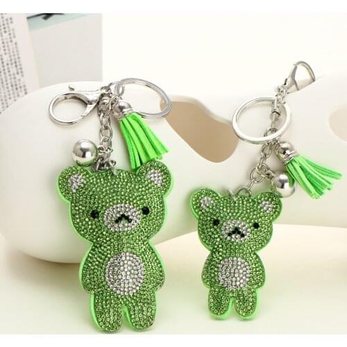 Cute Bear Leather Tassel Keyrings Keychains Full Crystal Rhinestone Beads Car Handbag Pendant Key Chian Ring Holder
