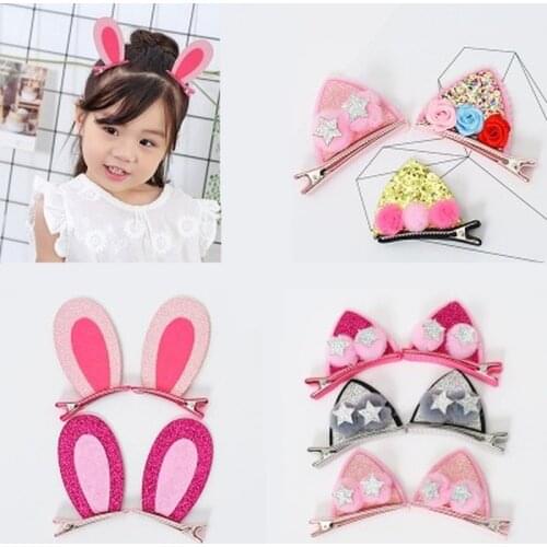 2pcs/Set Cute Hair Clips For Girls Glitter Easter Felt Fabric Flowers Hairpins Cat Ears Bunny Barrettes Kids Hair Accessories