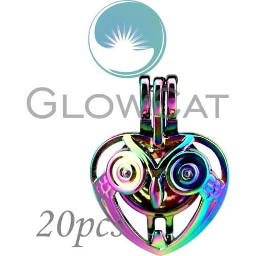 20x CC808 Rainbow Colors Owl Head in Heart Beads Cage Jewelry Making Essential Oil Diffuser Pearl Cage Locket Pendant