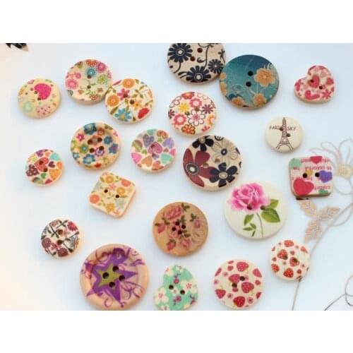 400pcs 15-25mm Floral painted Round ,heart ,square wood buttons Pendants cabs sampler set