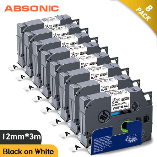 Absonic 8PK TZeFA231 Tape for Brother Fabric Cloth Label Tape 12mm TZe-FA231 Black on White Replacement for Brother Label Maker