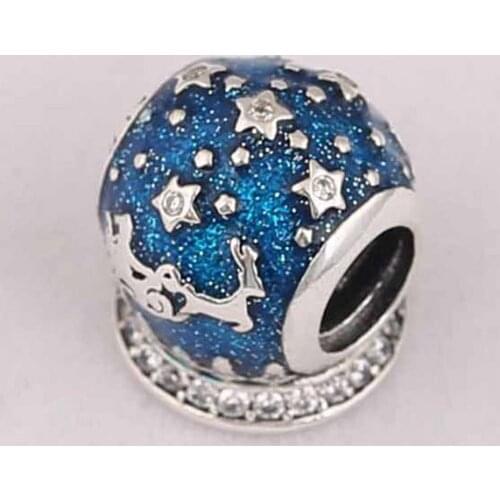 Authentic S925 Silver Stars Bead DIY Jewelry Christmas Night Charm fit Lady Bracelet Bangle Midnight Blue Enamel Clear CZ