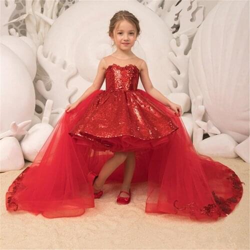Sparkle Sequins Red Flower Girls Dresses Tulle Appliques Bow Ball Gown Detachable Train Kids Party Princess Pageant Платье 2021