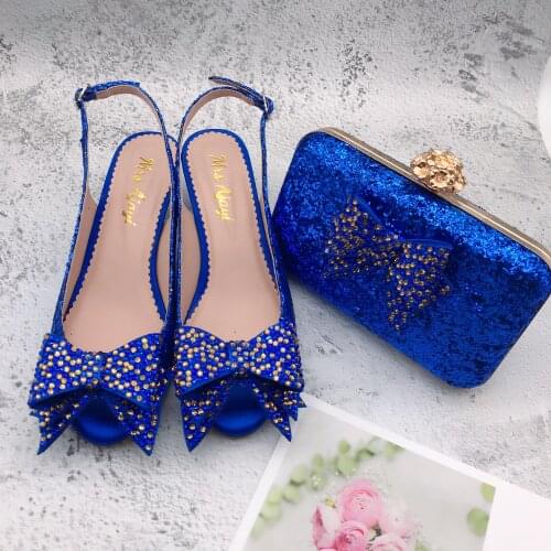 BS1258 Custom Made Women Shoes Dress Pumps Low Heel Bridal Wedding Shoes Royal Blue Glitter Shoes With Matching Bag