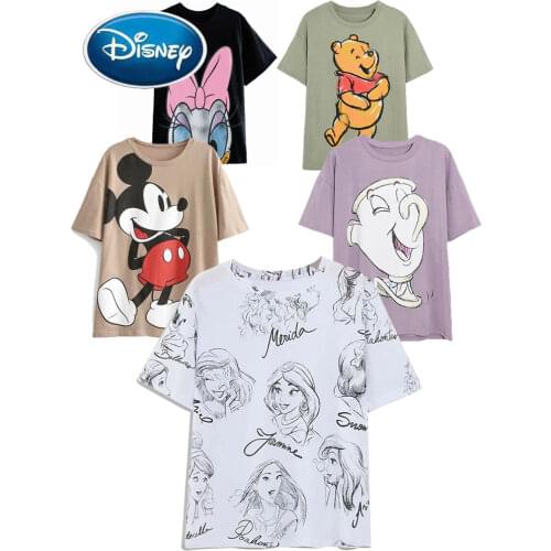 Disney T-Shirt Donald Daisy Duck Stitch Mickey Mouse Goofy Winnie the Pooh Bear Bambi Marie Cartoon Print Women Cotton Tee Tops