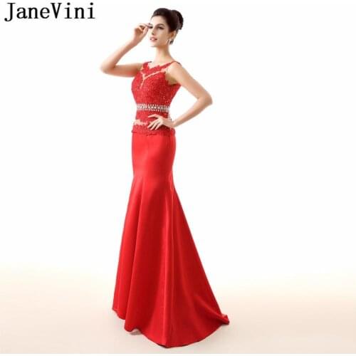 JaneVini vestidos compridos Evening Dresses Long Mermaid Crystal Red Satin Plus Size Evening Gown Elegant Lace Party Formal Wear
