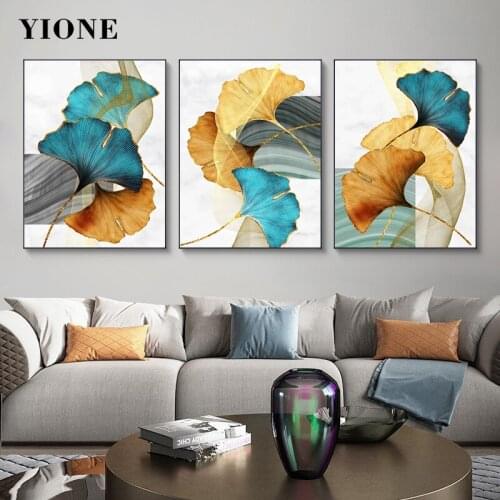 Modern Blue Yellow Leaf Ginkgo Biloba Canvas Paintings Custom Abstract Plant Leaves Posters and Prints Wall Art Pictures Decor