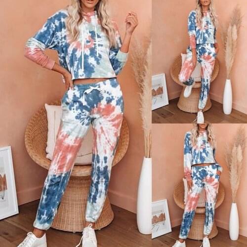 Tie-dye Suits Women New Tops T Shirt Plus Size Loose Long Sleeve Pink Suits Elastic Waist Suits Casual Ladies Tracksuits #G15