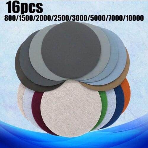16pcs 5inch 125MM Round Wet Water Sanding Discs 800-1000 Grit Hook & Loop Flocking Sandpaper