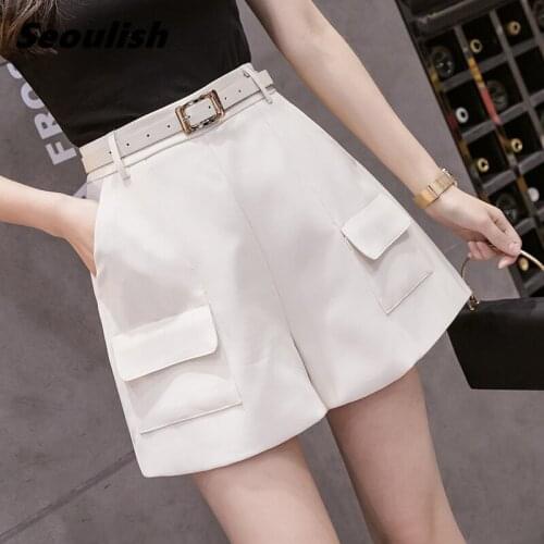 Seoulish Summer 2021 New Womens Suit Shorts with Belted High Waist Office Lady Wide Leg Shorts Elegant Chic Loose Trousers