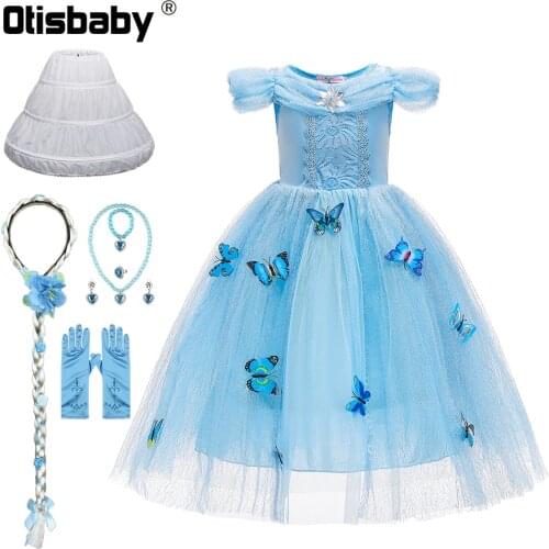 Fancy White Princess Cinderella Dress for Girls Party Tulle Dress with 3D Butterfly Children Halloween Christmas Cosplay Costume