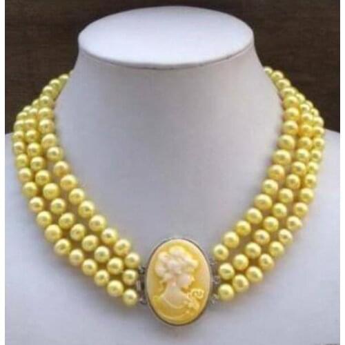Charming Elegant 3Row 7-8mm Yellow Pearl Necklace Shell Beauty Clasp