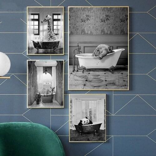 Animal In Bathtub Poster Giraffe Elephant Alpaca Panda Canvas Painting Nursery Wall Art Nordic Pictures for Kid Room Decoration