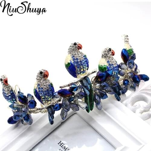 NiuShuya Lovely Bird Baroque Crystal Hair Crown Brides Royal Princess Blue Bead Headband Handmade Wedding Jewelry Accessories