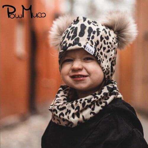 Powmuco Autumn and Winter Warm Cap and Scarf Set Fashion Baby Girl Leopard Print Hats with Pompons Kids Feather Pattern Headwear