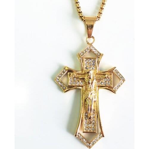 Crucifix Jesus Christ full rhinestone Men Jewelry Gold Color Stainless Steel Cross Pendant Necklaces For Man Dropshipping