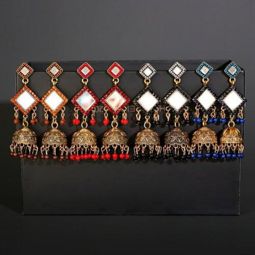 Retro Gold Flower Bell Alloy Red Earrings Ethnic Rhombus Mirror Boho Womens Vintage Turkey Earrings Tribe Indian Jewelry