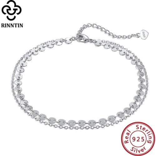 Rinntin Fashion Coin Cable Double Layered Anklet Chain for Women 925 Sterling Silver Summer Beach Foot Chain Anklet Jewelry SA15