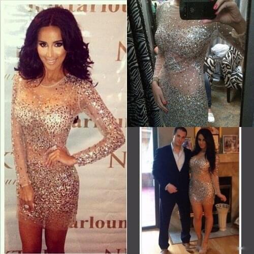 Robe De Sexy Sheath Mini Long Sleeves Beading Closed Back Women Party Gowns Sparkly Champagne bridesmaid Dresses Short