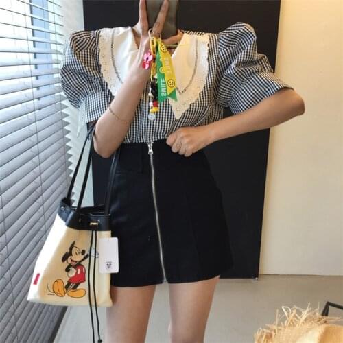 Embroidered flower doll collar plaid puff sleeve shirt