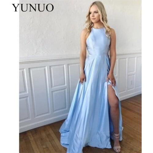 Chic Light Sky Blue Halter 2019 Evening Dresses Sleeveless Criss Cross Back Girls Graduation Party Gowns with Side Slit Cheap