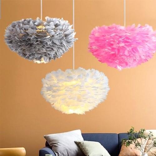 Nordic Simplicity Light luxury Feather lampshade E27 LED chandelier Warm indoor bedroom living room study hanging lamp bedside