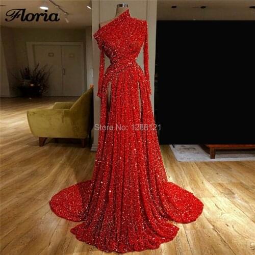Dubai Design Sexy Red Long Evening Dresses Robe de Soiree 2019 Arabic Sequins Formal Prom Dress Turkish Glitter Hand Party Gowns