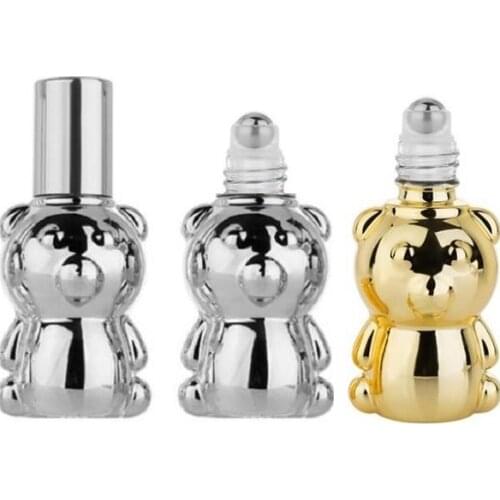8ML Cute Bear Shape Glass Essential Oil Refillable Bottle Empty Gold Silver Cosmetic Perfume Roll on Steel Beads Bottle 25pieces