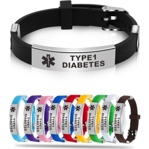 Type 1 Diabetes Medical Alert ID Bracelets for Men Woman Kids Adjustable Silicone Bangles ICE SOS Jewelry