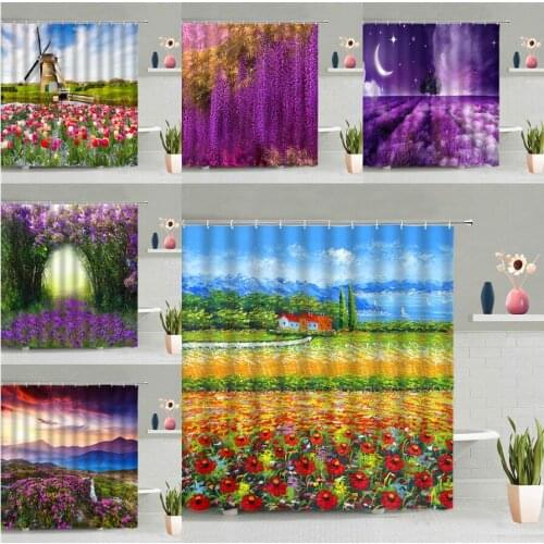 Pastoral Flower Shower Curtain Oil Painting Floral Violet Lavender Curtains Waterproof Fabric Scenery Bath Screen Bathroom Decor