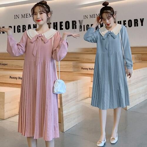7005# Maternity Clothes Spring Autumn Cotton Long Sleeve Bow Collar Dress for Pregnant Women Pregnancy Clothes