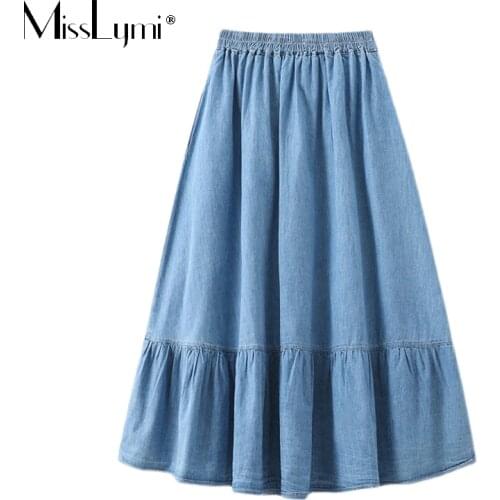 3XL Denim Skirt Summer Women Elastic High waist A-line Midi Skirt Casual Loose Solid Color Pleated Ruffle Skirt Female MissLymi