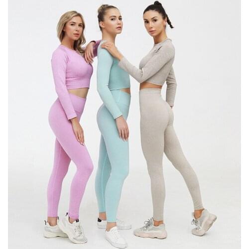 Womens 2-piece Sportswear Workout Set-Seamless High Waist Tights and Long Sleeve Top Yoga Exercise Fitness Set