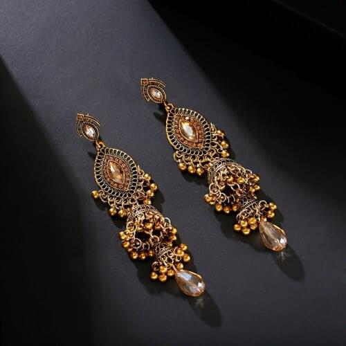 Retro Womens Big Gold Bohemian Jhumka Earrings Indian Jewelry Water Drop Shape Palace Bells Beads Stud Earrings Orecchini