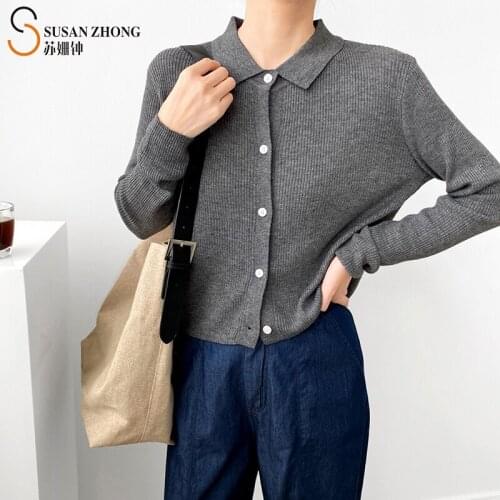 Women Cardigan Sweater Knitted Pullovers Button Polo Collar Tops 2021 Spring Summer Long Sleeve Thin Elegant Korean Fashion New