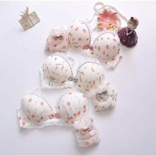 Plus Size Kawaii Push Up Bra Sets Girl Cute Bow Floral Bra Summer Dot Small Fresh Comfortable Underwear ABCD Cup