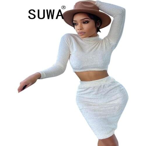 Autumn Winter Women Solid Fleece 2 Two Piece Skirt Sets Full Sleeve Warm Crop Top and Bandage Mini Skirt Suit Female Tracksuits