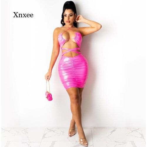 2021 Summer Halter Pu Dress Front Slit Bandage Pure Color Skinny Mini Dress Sexy Halter Nightclub Women