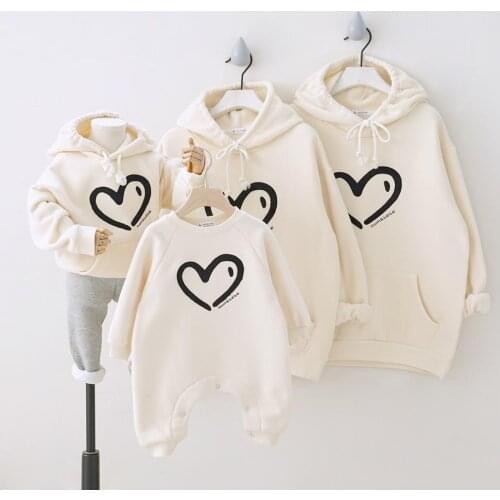 Winter 2021 Plus velvet Love Heart Family Matching Outfits Hooded Sweatshirt Parents & Kids Shirt Baby Long Romper Couple suit