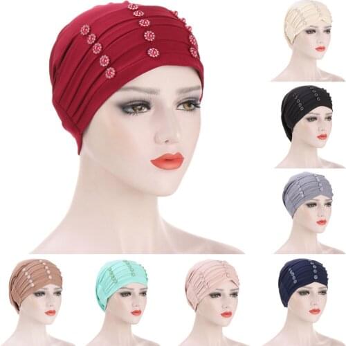 Muslim Women Hijab Inner Cap Flower Beads Turban Pleated Under Scarf Beanie Bonnet Hair Loss Cover Islamic Hijabs Headwear Wrap