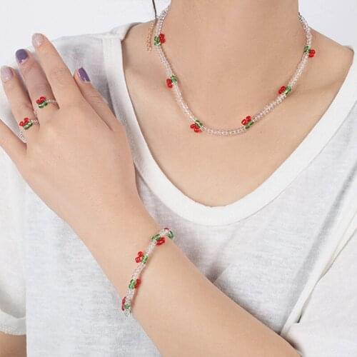 2021 Fashion 3-piece Necklace Korea Sweet and Cute Red Cherry Necklace Female Girl Transparent Braided Beaded Necklace Jewelry