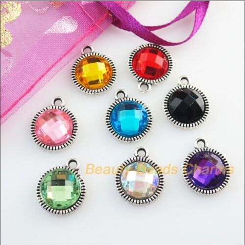 24 New Retro Charms Acrylic Plastic Tibetan Silver Round Pendants Mixed 12.5x15mm