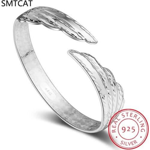 Fashion 925 Sterling Silver Woman Cuff Bracelet Lucky Angel Wing Lucky Bangle Pulseiras Girls Party Jewelry Gifts
