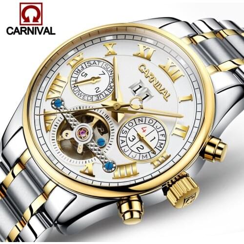Carnival tourbillon design automatic mechanical brand mens watches fashion waterproof luminous watch luxury steel White Dial