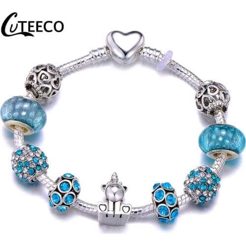 CUTEECO Romantic Blue Crystal Unicorn Charm Bracelets For Women 2019 New Heart Shaped Bracelet Bangle Fashion Girl Jewelry Gift