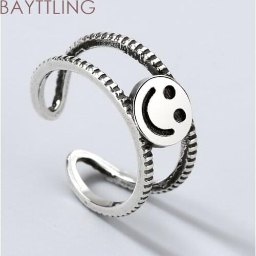 BAYTTLING 925 Sterling Silver Retro Double Smiley Open Ring For Women Man Fashion Jewelry Couple Ring Gift
