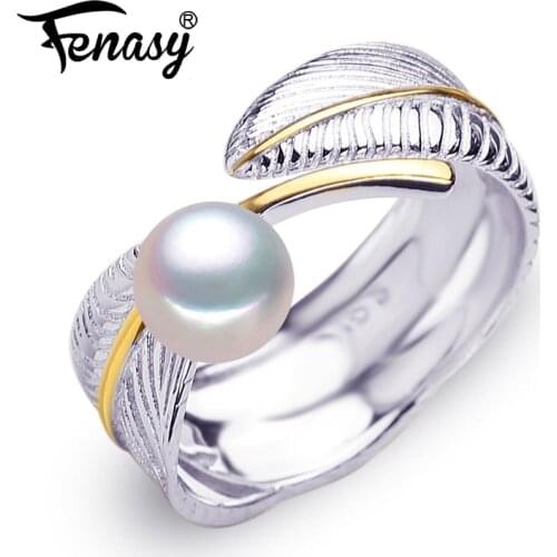 FENASY 925 Sterling Silver Ring Natural Freshwater Pearl Rings For Women Silver And Gold Color Female Leaf Shape Ring