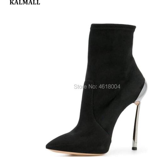 KALMALL Big size 43 Party Dress Boots Women Suede Leather Blade High Heels Pointed Toe Ankle Boots Women Nightclub Botas Silver