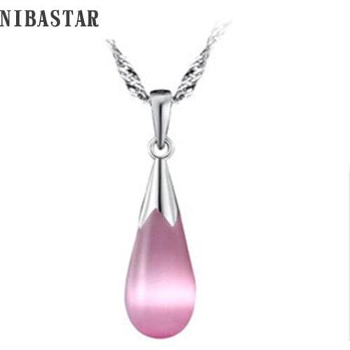 Beautiful Pink Or White Opal Necklace Silver Plated Water Drops Pendant 45CM Fine Chain Fashion Jewelry For Women Wedding